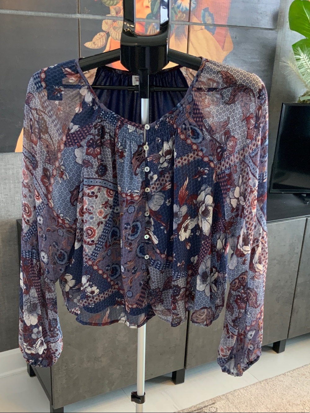 autres filles Boho Navy Floral Patchwork Peasant Blouse L